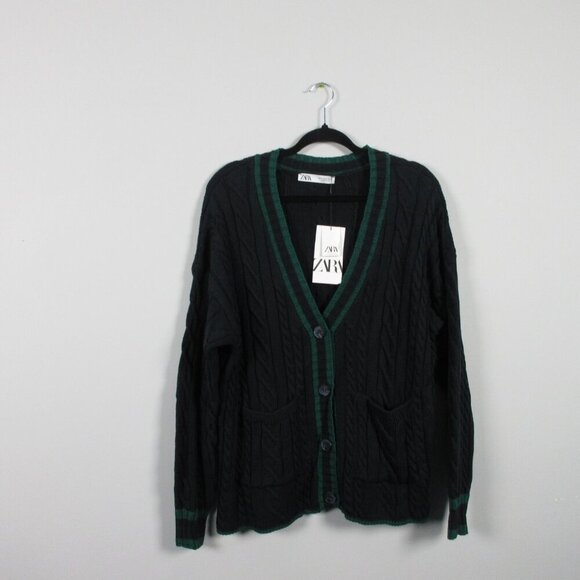 Zara Cable Knit Cardigan Women Blue M Oversize Striped 100% Acrylic Designer 600 - Picture 1 of 10